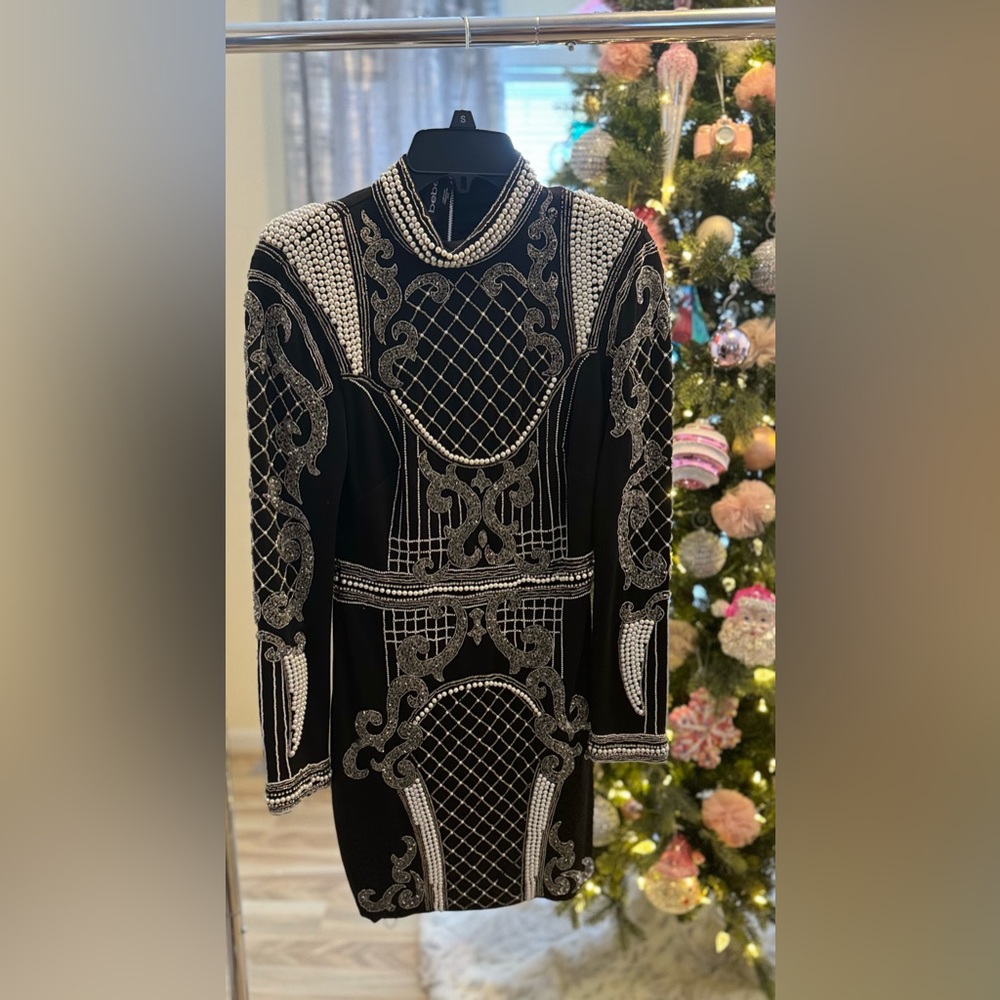 Bebe XS Pearl/Beaded Black Mini Dress